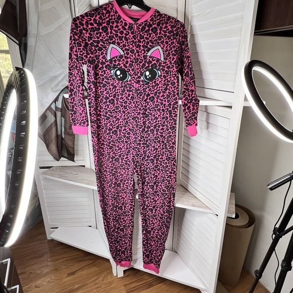 Joe‎ Boxer Girls One Piece Fleece Non-footed Pajamas Pink Leopard Print Cat XL - Picture 1 of 5